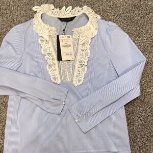 Zara Blue & White Pinstripe Top with Lace Trim